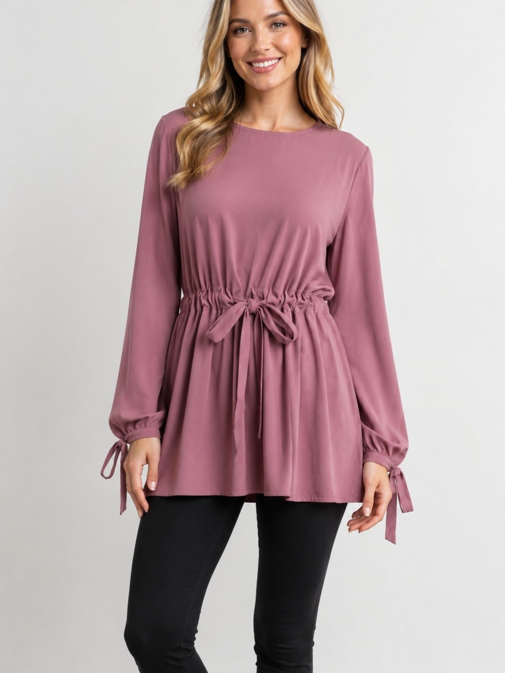Zanzea Rose-Mauve Drawstring Waist Long Sleeve Tunic